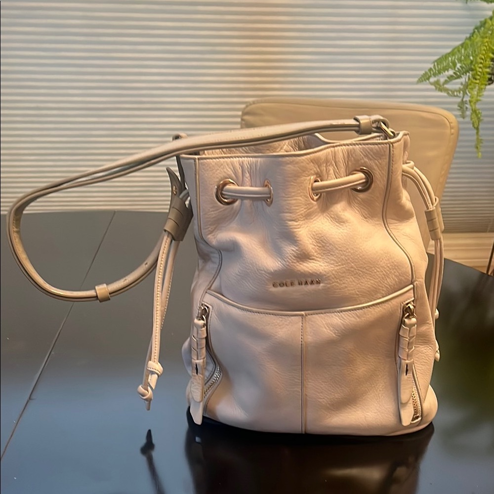 Cole Haan Leather Bucket Bag with Drawstring Closure